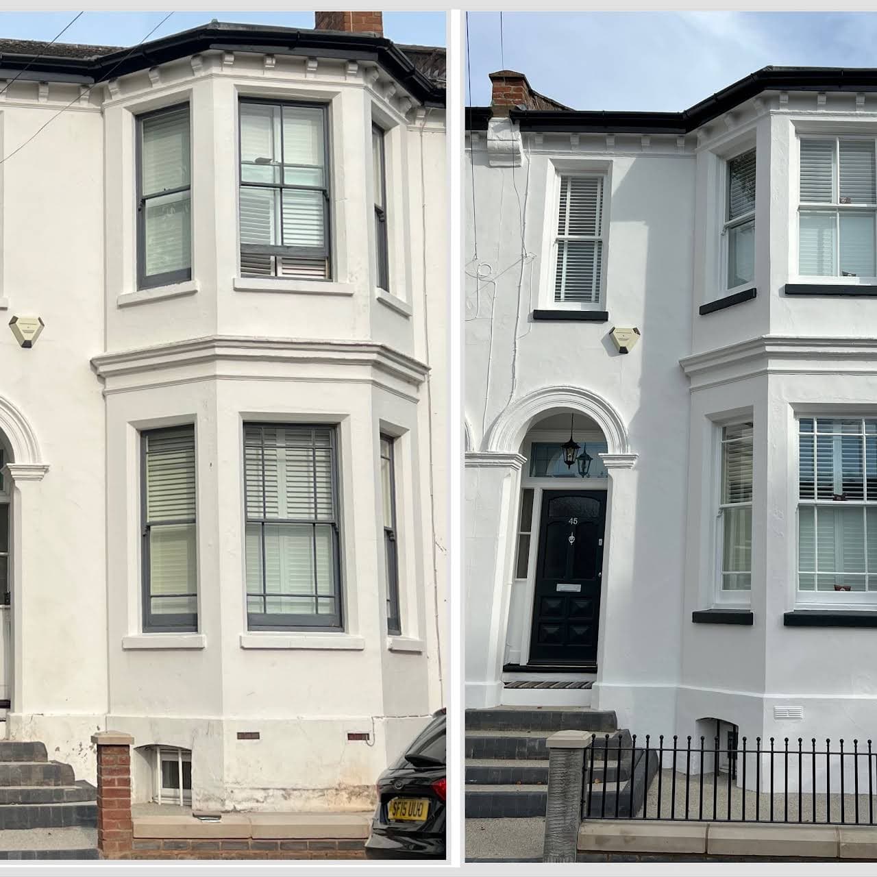 Before and after photo of the painting of the front of a house